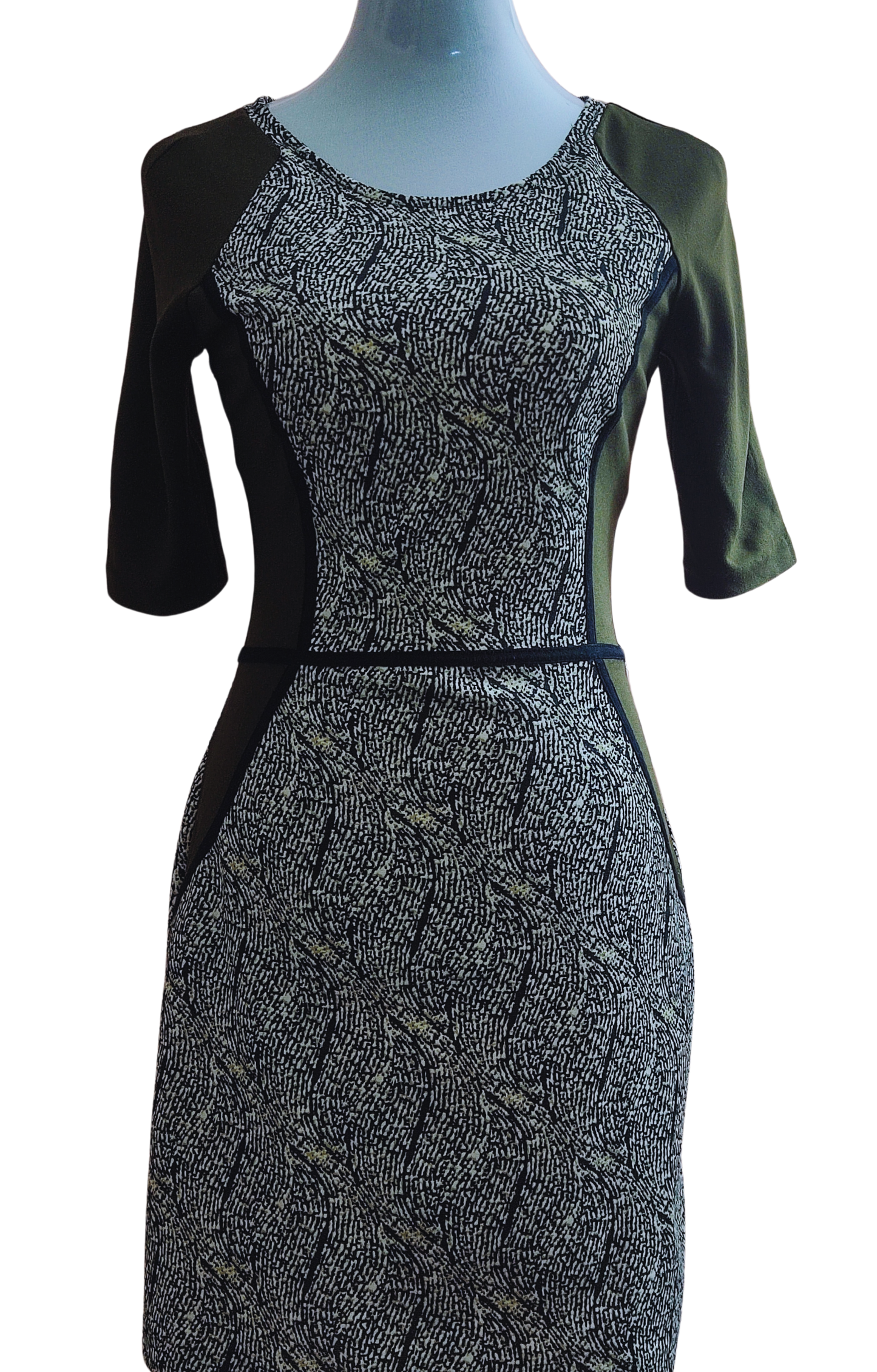 Vestido Otoño Invierno manga corta verde oliva negro blanco N°0000005