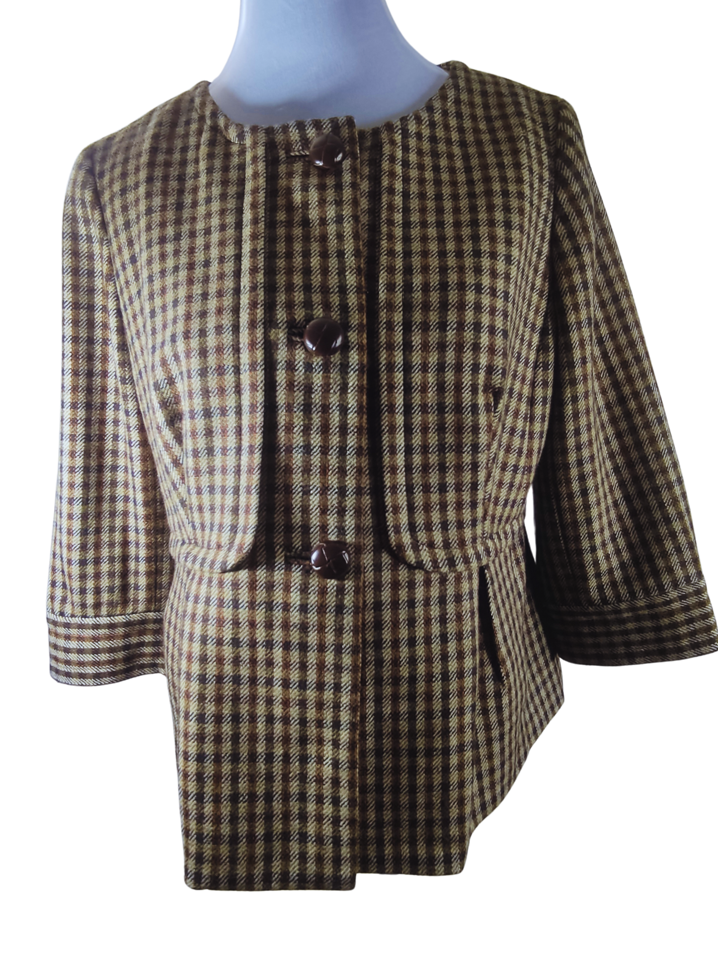 Chaqueta a cuadros tonos marrón, oliva, beige, café. diseño mangas 3/4 cod 1000006