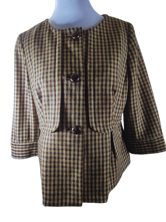 Chaqueta a cuadros tonos marrón, oliva, beige, café. diseño mangas 3/4 cod 1000006