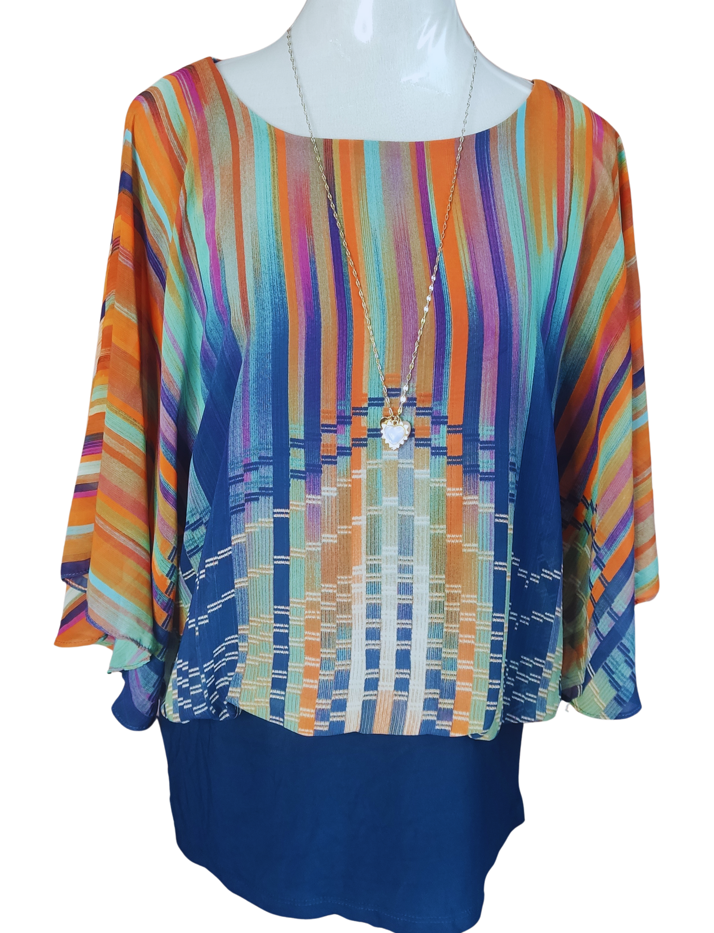 Blusa con patrón de rayas horizontales tonos naranja azul y turquesa cod. 4000022