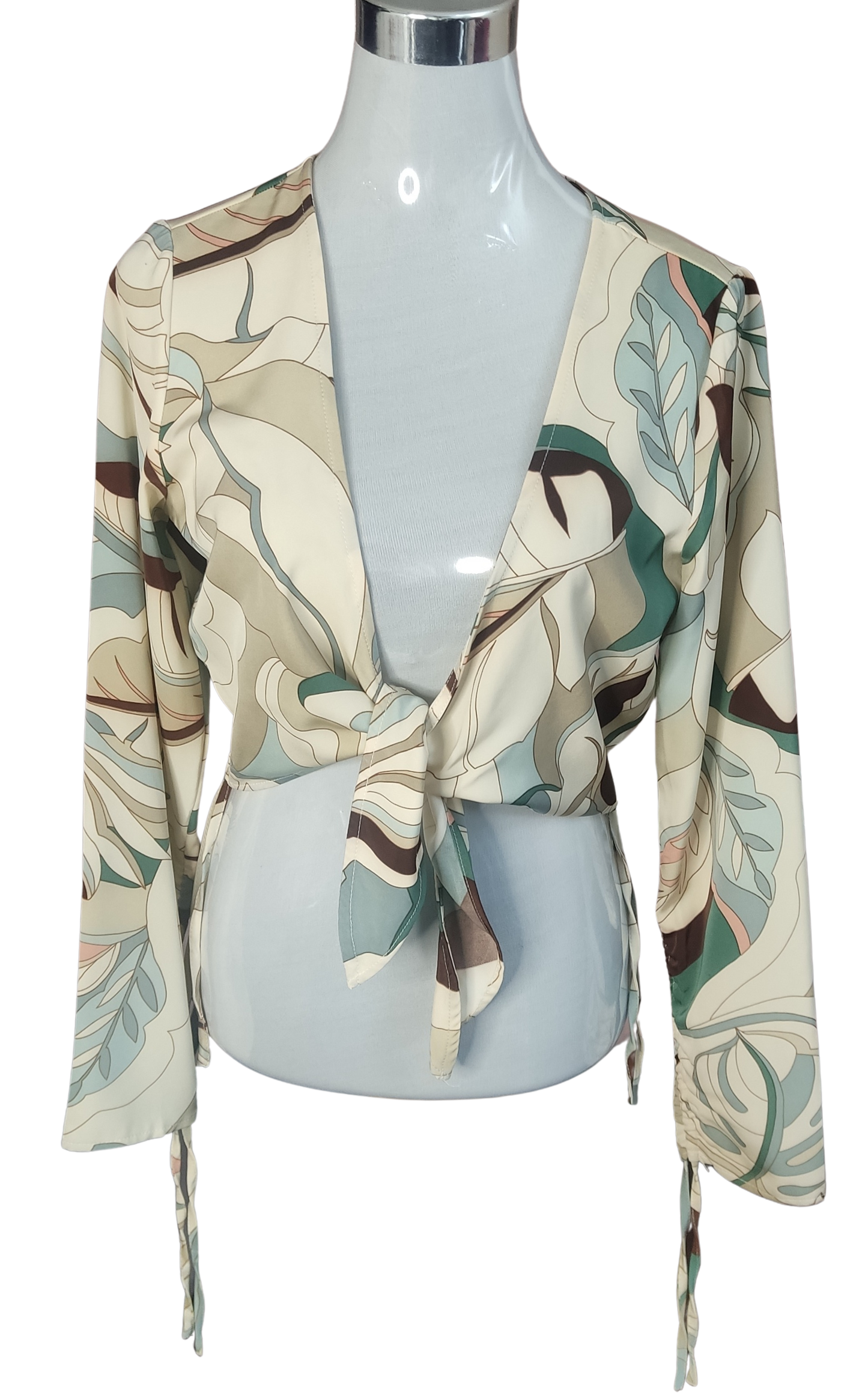 Blusa estampada abstracta tonos neutros beige crema marrón azul claro cod. 4000028
